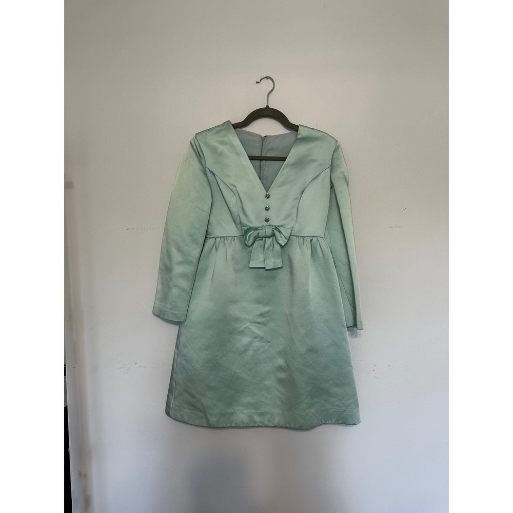 Vintage 1960s Mod Satin Cocktail Mini Dress Empire Waist Seafoam Mint Green 60s